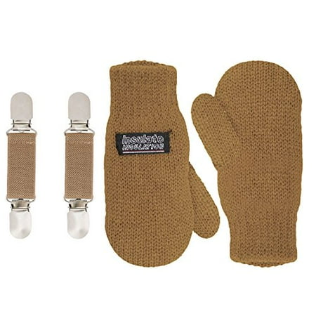 SANREMO Unisex Kids Toddler Knitted Fleece Lined Warm Winter Mittens and Mitten Clips Set (1-3 Years, Camel)