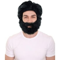 HPO Adult Men's Black Wig & Fake Beard Set – Synthetic Facial Hair with Halloween & Cosplay Party