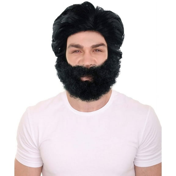 HPO Adult Men's Black Wig & Fake Beard Set – Synthetic Facial Hair with Halloween & Cosplay Party