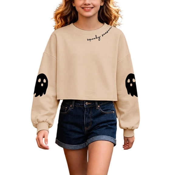 Kiijoy Halloween Girls Sweatshirt Casual Crewneck Cropped Pullover, Beige, Sizes 4-5T
