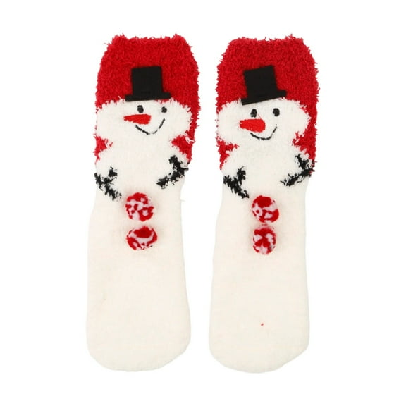 Telankuip Fleece Lined Medium Tube Socks for Women Fuzzy Cozy Soft House Mid-Calf Socks Cute Snowman Reindeer Santa Graphic Design Grippers Slipper Socks for Christmas White3 One Size