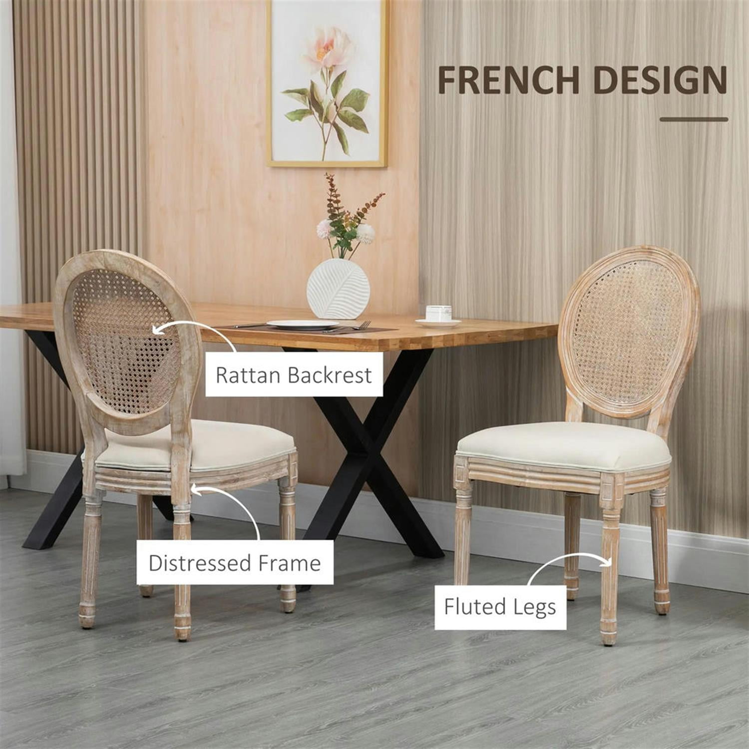 Demi Bonn Dining Chairs Set of 2, French-Style Upholstered Dining Room Chairs with Rattan Backrest and Linen-Touch Upholstery for Kitchen Restaurant, Living Room, White