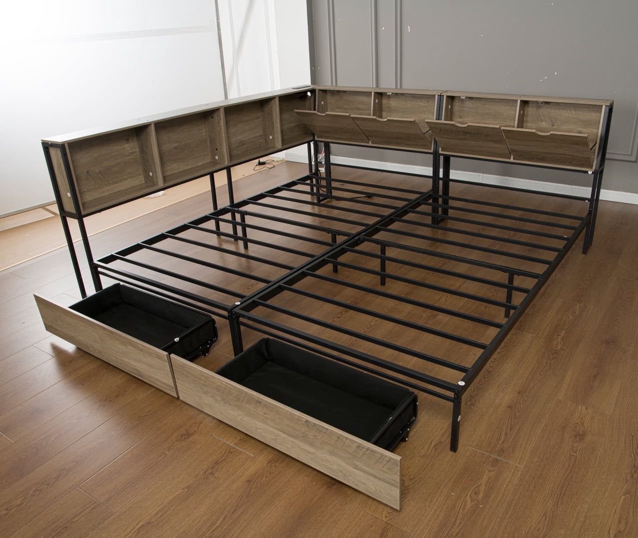 2 x Twin Size Metal Platform Bed Frame with Storage Headboard, Detachable Daybed with LED Lights, Drawers and Side Shelves