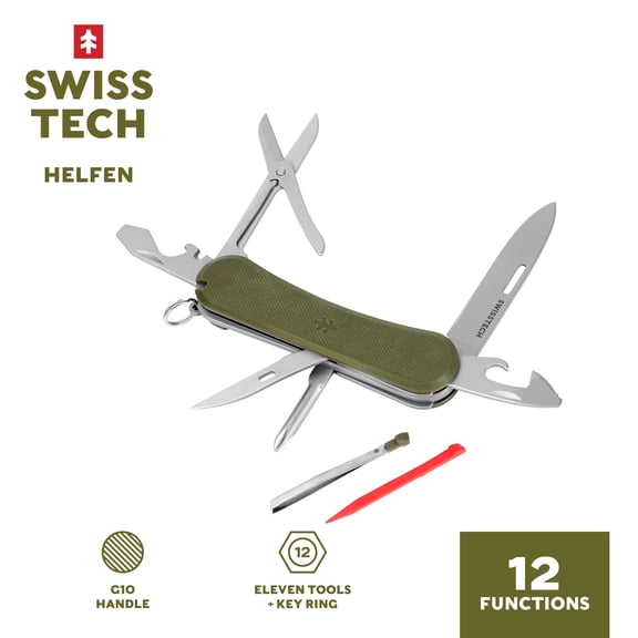 Swiss Tech 12 in 1 Multitool with G10 Handle Key Ring Attachment, Olive