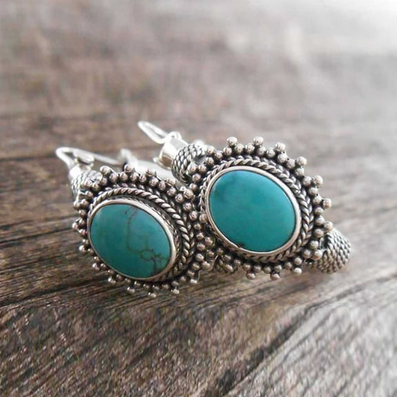 Anvazise 1 Pair Unique Carved Oval Piercing Hoop Earrings Blue Turquoise Bohemia Retro Earrings Jewelry Accessories Silver
