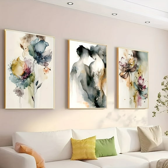 3pcs Watercolor Painting Romantic Couple Painting Print Abstract Flower Botanical Canvas Poster for Living Room Bedroom Decor Home Gift