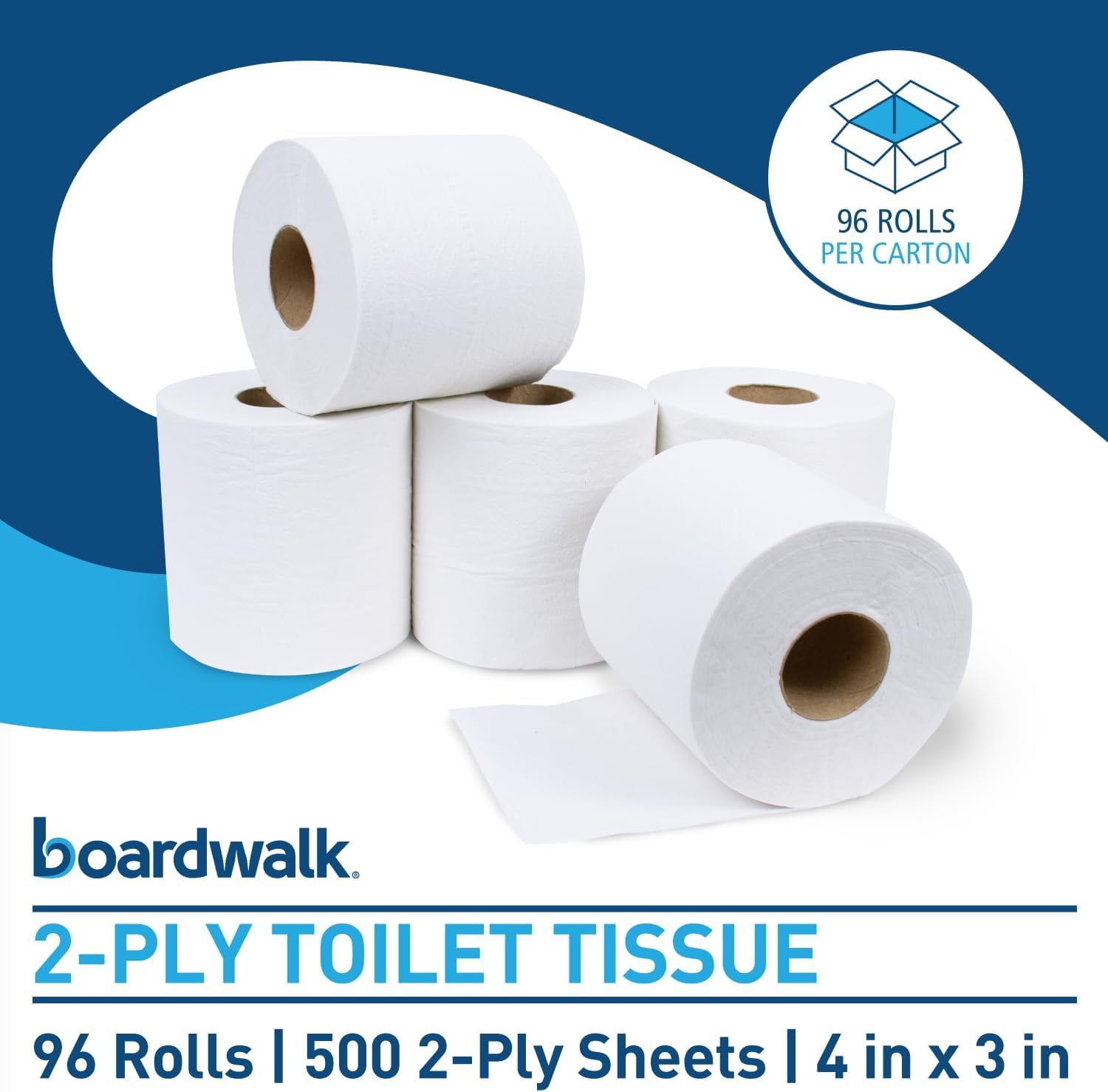 Party 2-Ply Bathroom Toilet Paper Tissue, Septic Safe, 500 Sheets/Roll, Bulk Quantity 96 Rolls/Carton, 4" x 3", White