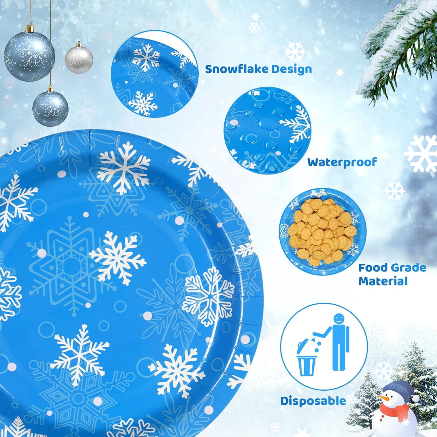 Waipfaru 200 PCS Christmas Paper Plates and Napkins White Snowflake Party Supplies Blue Disposable Dinnerware Set for Xmas Party