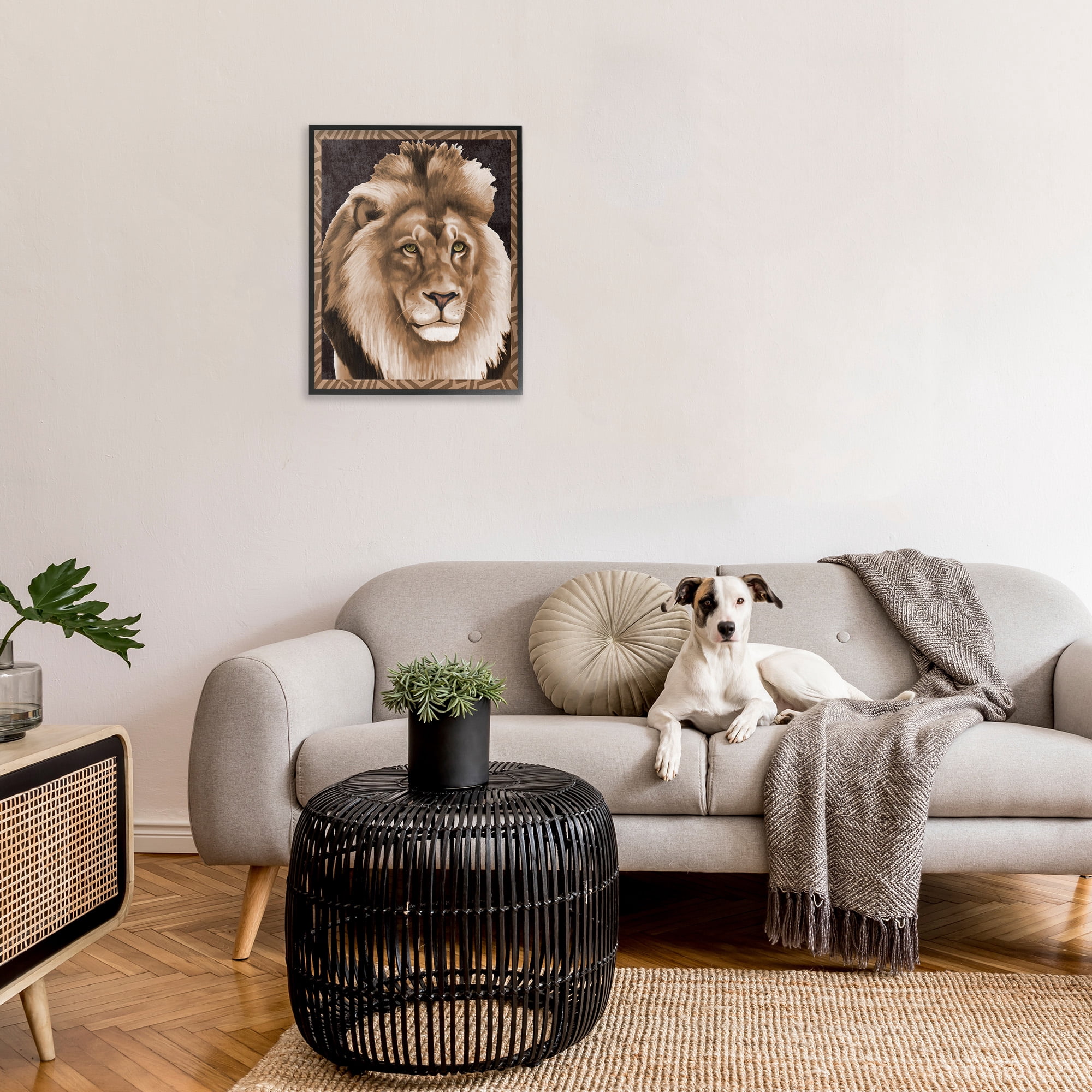 Stupell Industries Lion with Geometric Border Animals & Insects Painting Black Framed Art Print Wall Art, 24 x 30