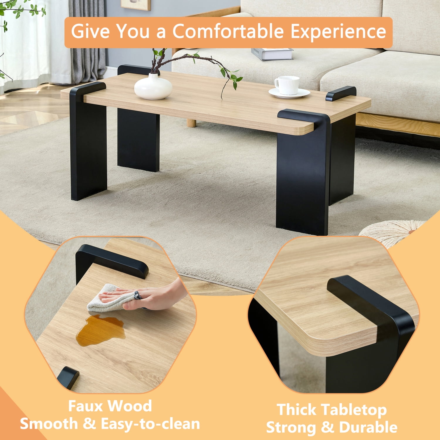 Natural Wood Colored MDF Coffee Table Modern Minimalist Living Room Furniture, 39.3*23.6*17.7 inches, Light Wood Grain Design