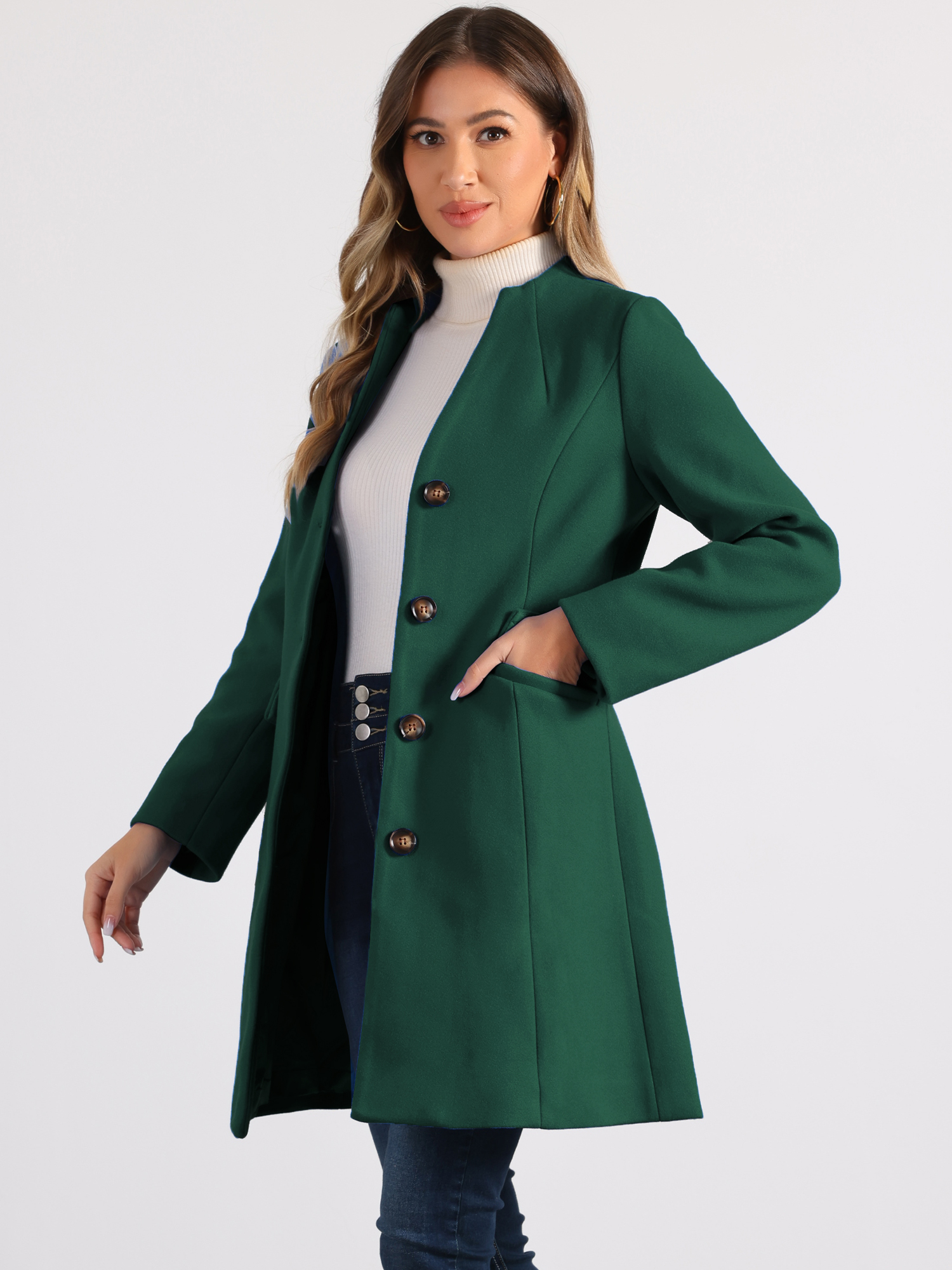 DARING DIVA Women's Elegant Winter Overcoat V Neck Single Breasted Coats Dark Green S