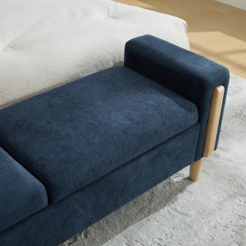 65.67" Wide Modern Upholstered Storage Bench with Double Lids and Armrest, Chenille Fabric, Rubberwood Legs, for Living Room, Entryway, Bedroom, Dormitory, Blue