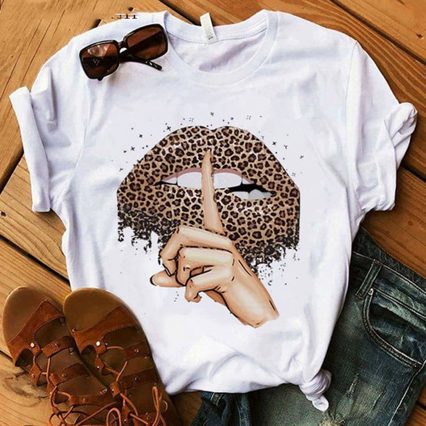 Puntoco Moda Mujer O-cuello Labio rojo Boca Imprimir Manga corta Casual top Camiseta Blusa Puntoco Puntoco-628