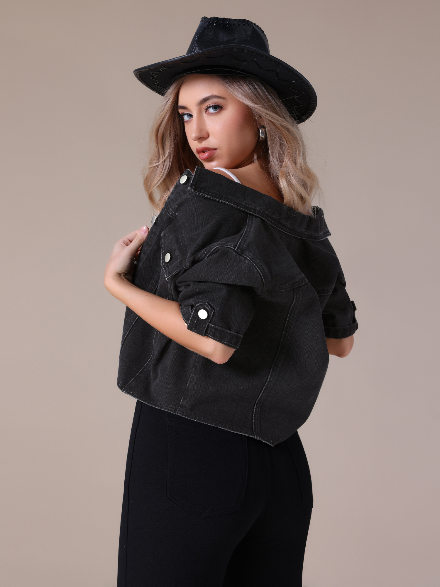 DARING DIVA Women's Short Sleeve Denim Collared Button Up Cropped Jean Jacket S Black