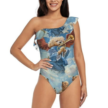 Lukts Dog Angel Ascension Women One Piece Swimsuits Tummy Control One Shoulder Bathing Suits Ruffle Swimwear-Large