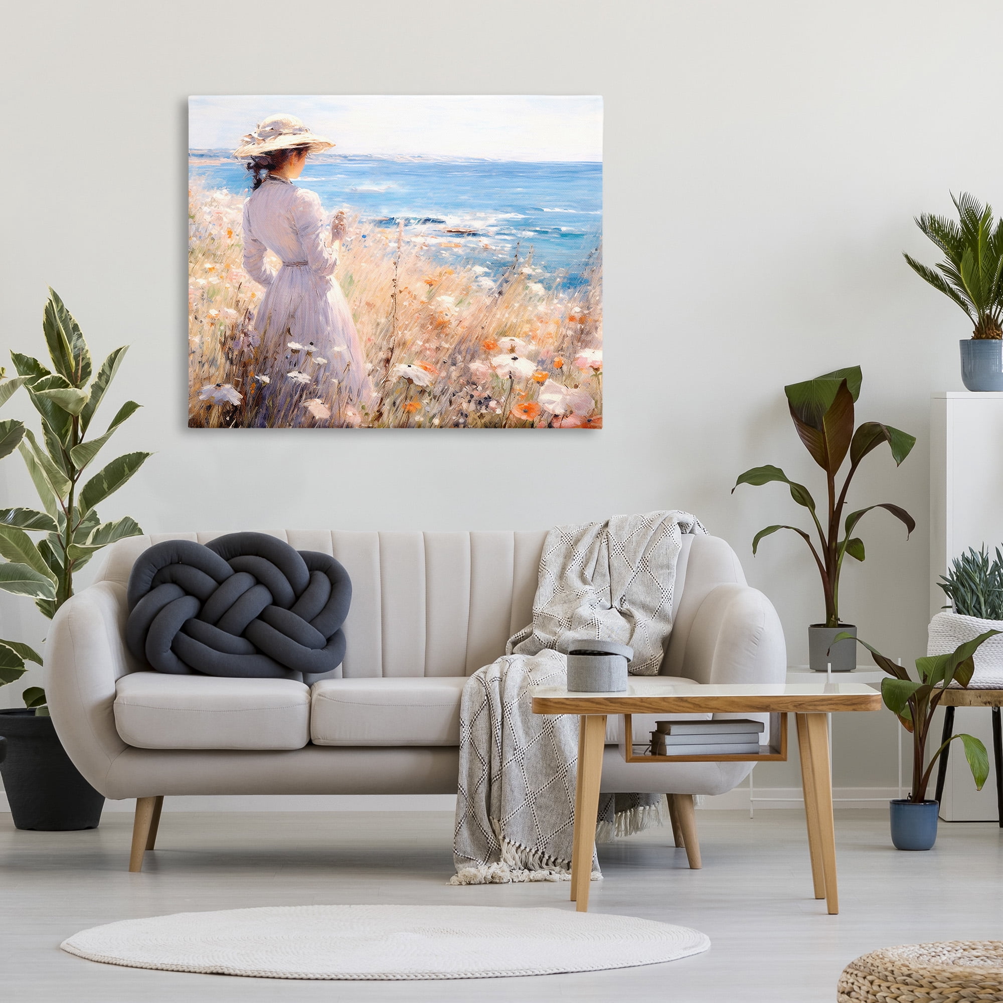 Stupell Industries Classic Woman by Shore Landscape Painting Gallery Wrapped Canvas Art Print Wall Art, 48 x 36