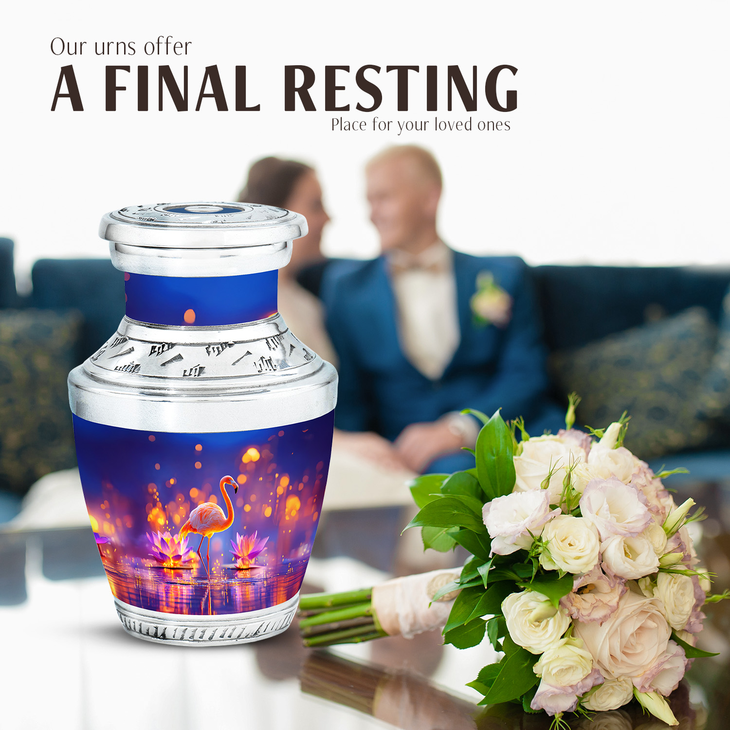 JAGASY Pink Flamingo Handmade Urn for Ashes Adult Male, Blue Urns for Human Ashes Keepsake, Lotus Flowers & Water Lily Decorative Urns for Parents, Small Cremation Urn for Mother & Father, (3 Inch)