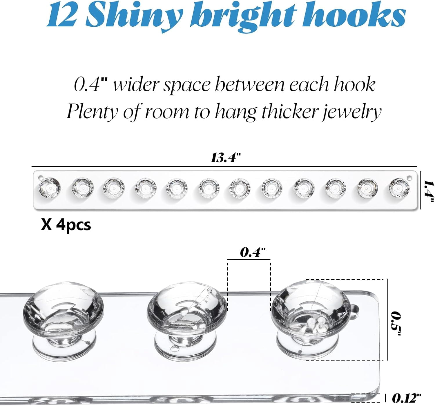 ABPETE Acrylic Necklace Holder, Necklace Hanger Wall Mount, Diamond Shape Jewelry Organizer with 12 Hooks for Necklaces, Bracelets, Chains,Clear Crystal Display Rack for Women(4-Pack)