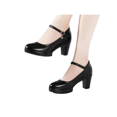 

SIMANLAN Ladies Work Shoes Buckle Pumps Ankle Strap High Heels Women Anti-Slip Shoe Womens Chunky Platform Dress Pump Black 7CM 8