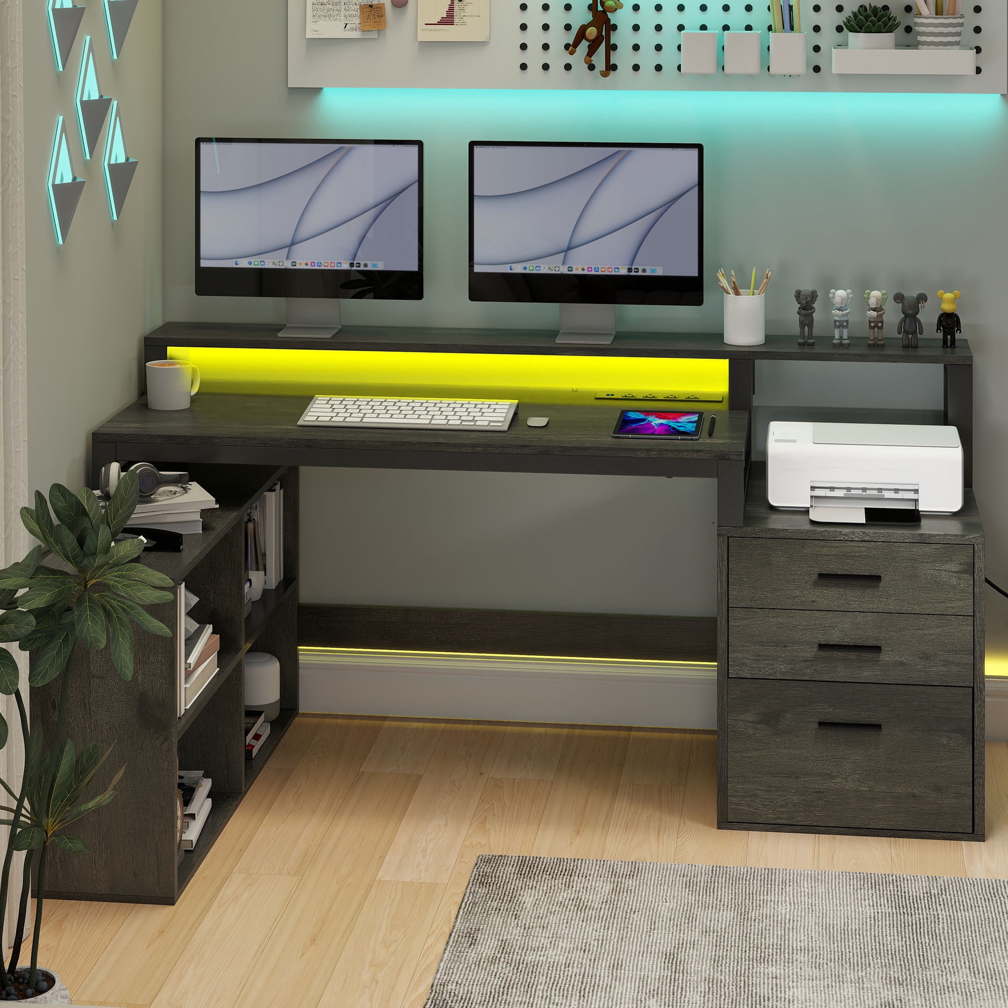 Uforic Computer Desk with LED Light, 65" L Shaped Desk with Shelves &Drawers, Home Office Desk, Gray