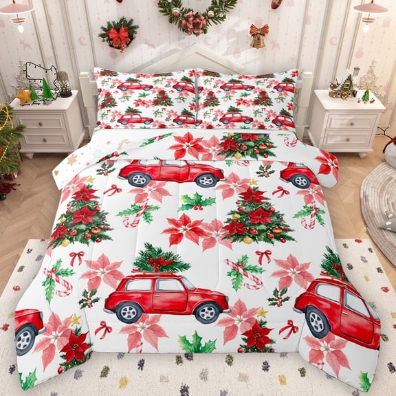 Castle Fairy Red Truck Boy Girl Bedding Comforter Set 2pcs,Christmas Flower Tree Twin Comforter Sets Microfiber,Xmas Festival Breathable Bedding Set,Luxury Bedroom Decor,Reversible