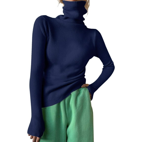 HUKOEMPN T Shirts for Women Turtleneck Ribbed Knit Sweater Top Long Sleeve Mock Neck Solid Slim Fit Casual Knitted Jumper Thermal Long Sleeve Women Navy