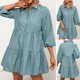 thumbnail image 4 of Mini vestido de mujer con botones de manga 3/4 vestido de túnica informal suelto de una línea Irfora Azul/Pequeña, 4 of 7