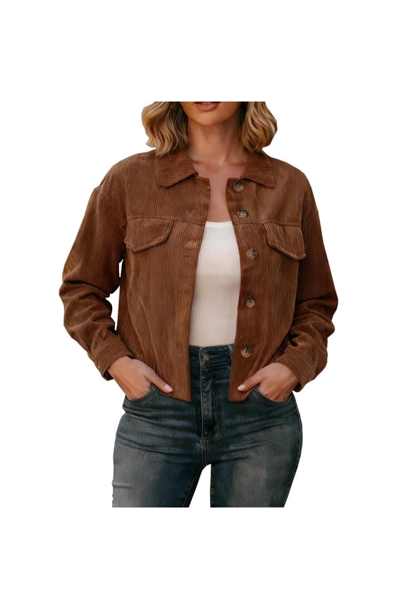 Womens Corduroy Jacket Fall Winter Fashion Cropped Coats Holiday Long Sleeve Button Down Shacket Lightweight Jackets withPockets
