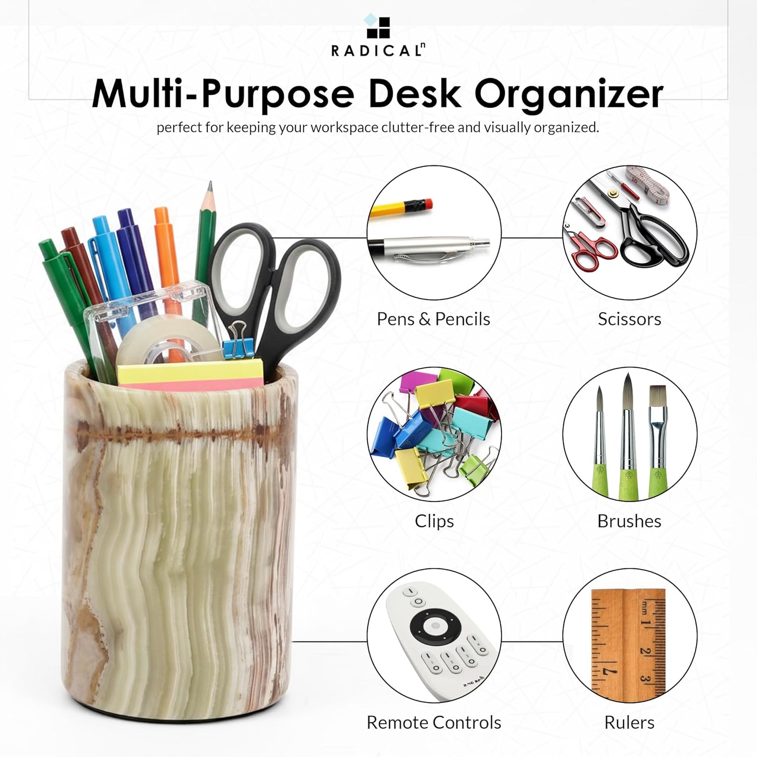 Radicaln Green Marble Stationary Holder 4" – Desk Pen Holder, Brush Container, Art Supplies Organizer, Toothbrush Cup, Luxury Office & Vanity Décor