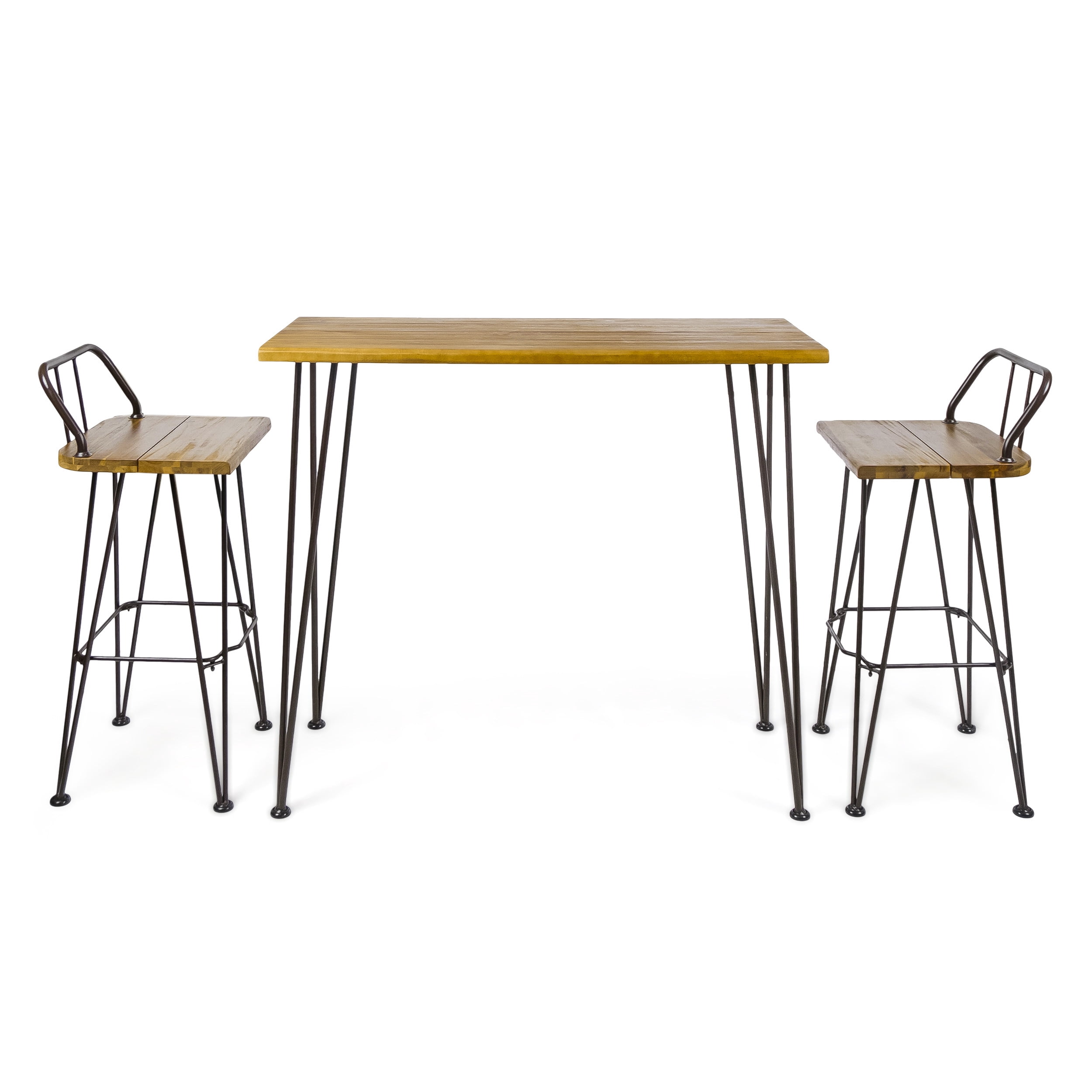 Bar Set, Outdoor Dining Set, Acacia Wood Furniture&nbsp;Industrial Table and 2 Bar Stools, Metal Frame, Teak Finish, Brown, 47.25 Inch, All-Weather Hardwood, Easy Assembly