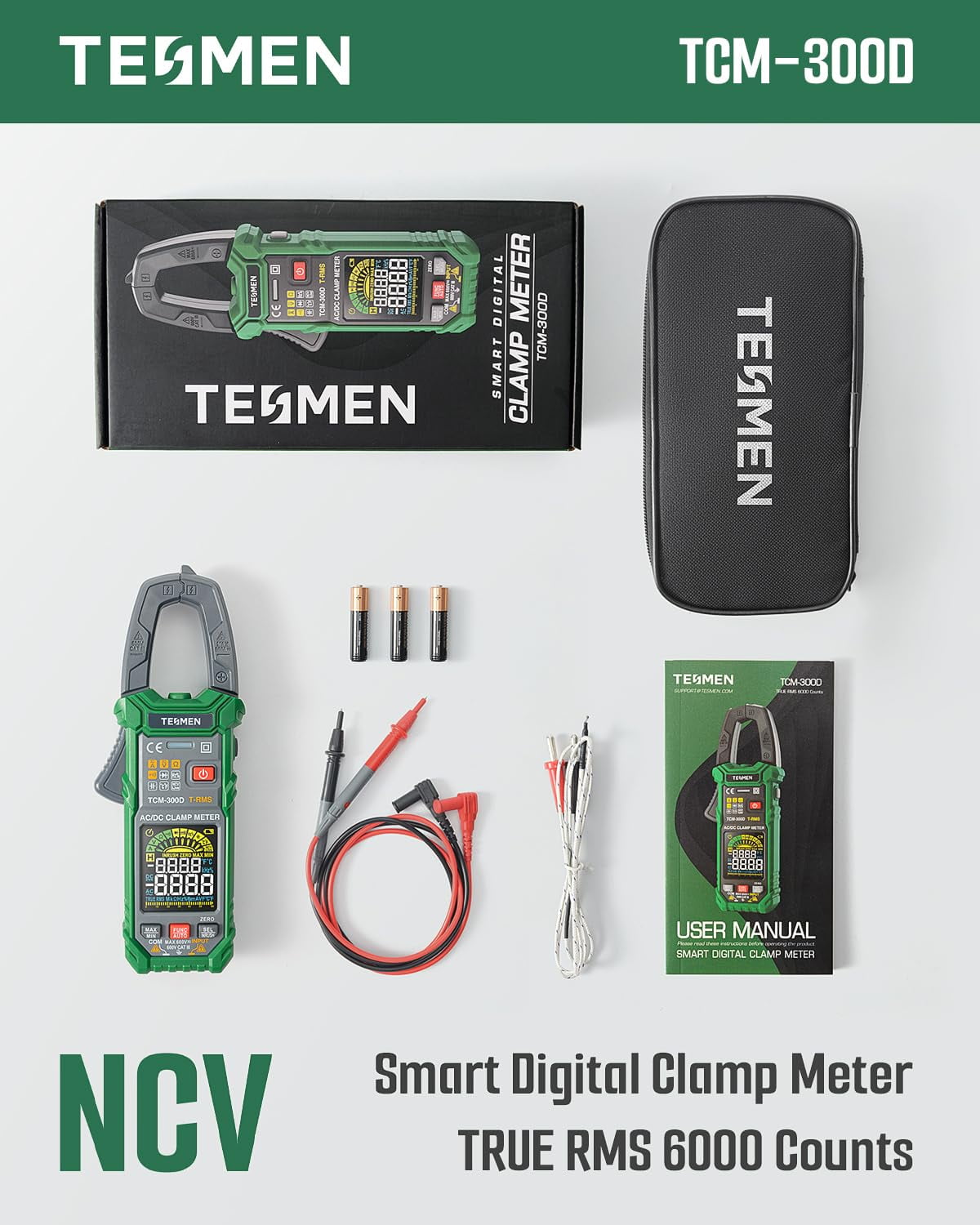 TESMEN TCM-300D TRMS Digital Clamp Meter, Auto-Ranging AC/DC Voltage and Current Tester, Multimeter with Backlit Display & NCV Detection