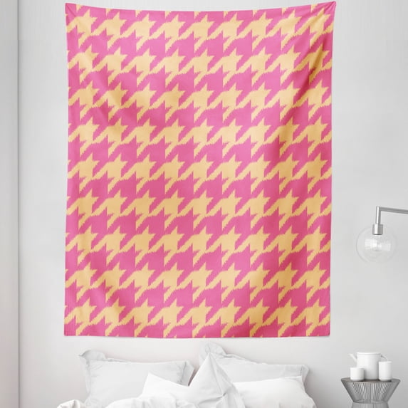 Houndstooth Tapestry, Hand Drawn Ikat Pattern Traditional Old Fashioned Design in Pastel Colors, Fabric Wall Hanging Decor for Bedroom Living Room Dorm, 5 Sizes, Peach and Pink, by Ambesonne