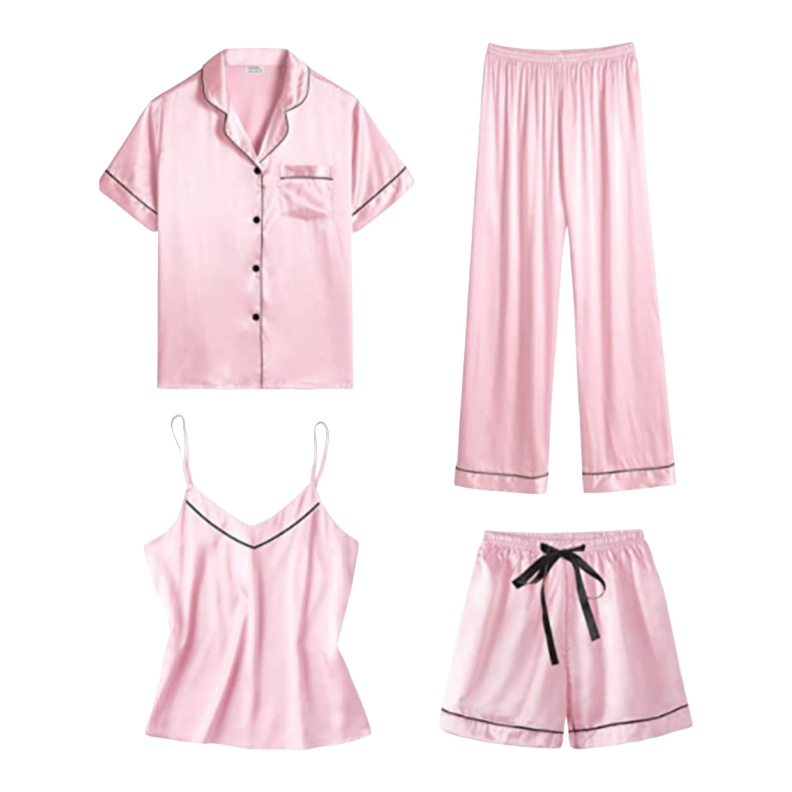Ketyyh chn99 Satin Pajama Set Women Women Homewear Set Fashion Pajamas Thin Four Piece Set Pink 2XL Walmart