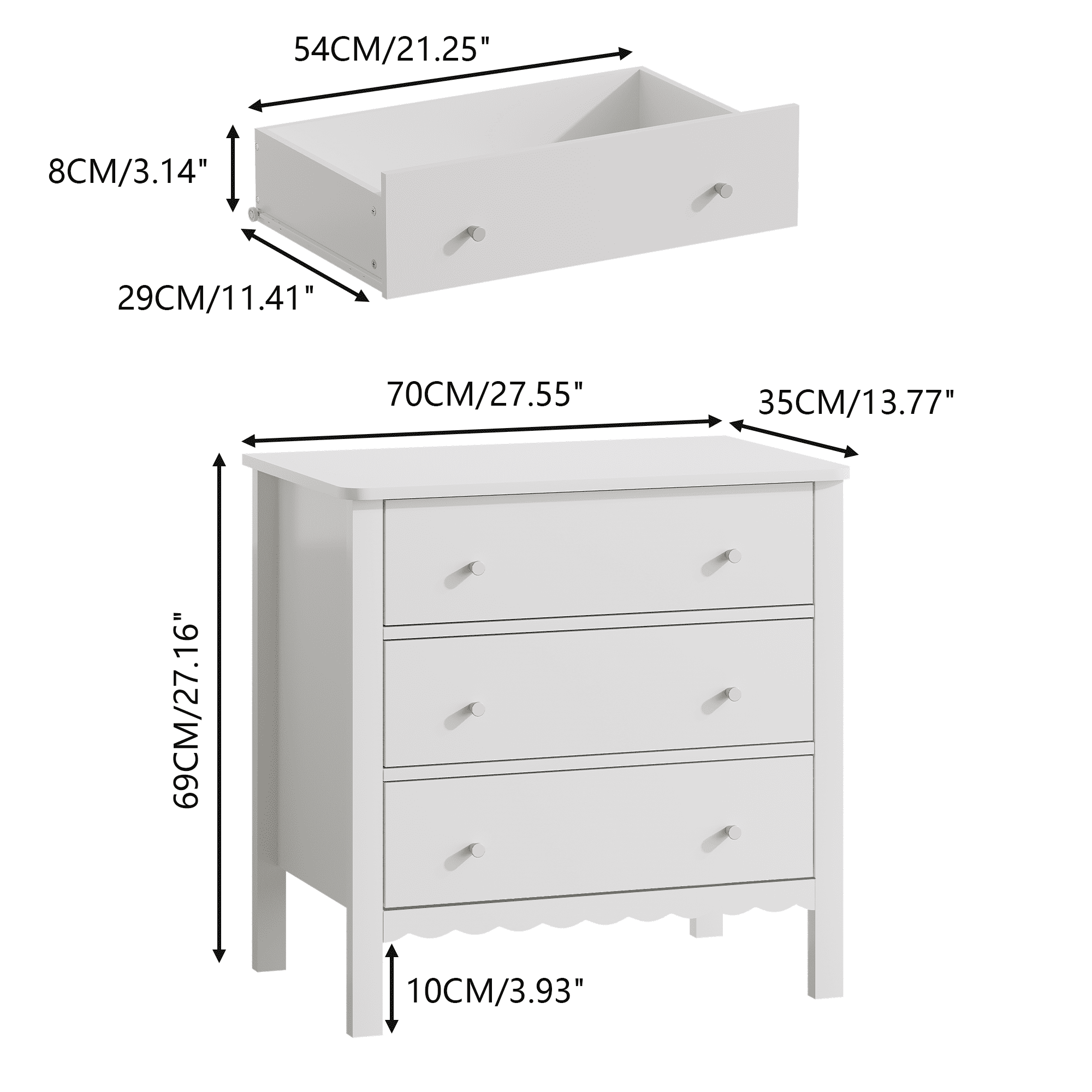 Elegant White 3-Drawer Dresser for Bedroom with Gold Knobs, Modern MDF Chest of Drawers for Kids Nursery Living Room or Entryway
