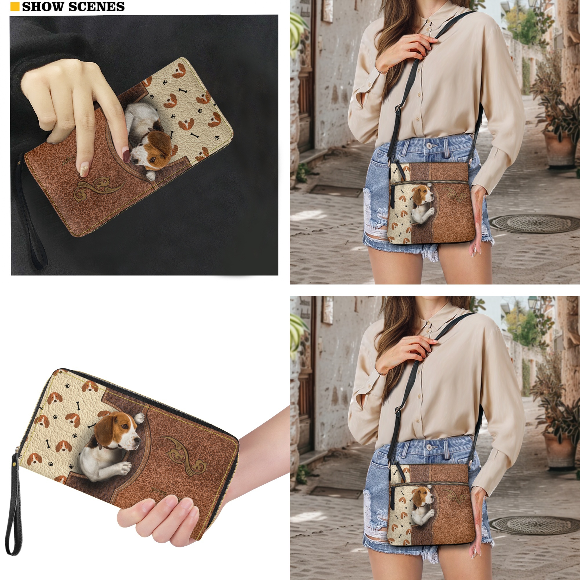 ZUXONGSY Beagle Dog Print Crossbody Hobo Purse and Wallet Set for Women PU Leather Satchel Bag Multi Pockets Messenger Purse Shoulder Handbag with Adjustable Strap