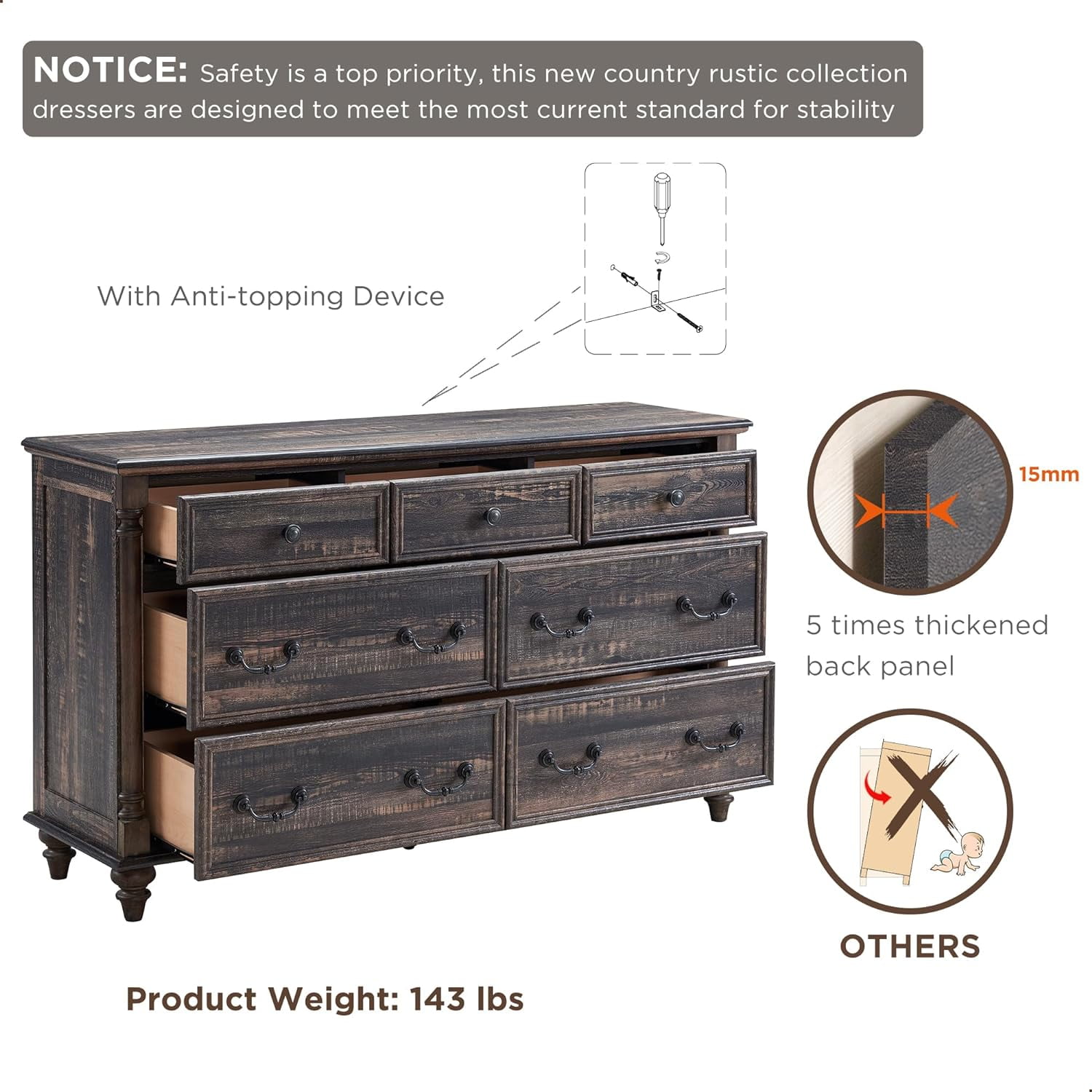 OKD Farmhouse 7 Drawers Dresser Chests for Bedroom, 54" Wide Wood Rustic Tall Chest of Drawers with Solid Wood Feet for Living Room, Dark Rustic Oak