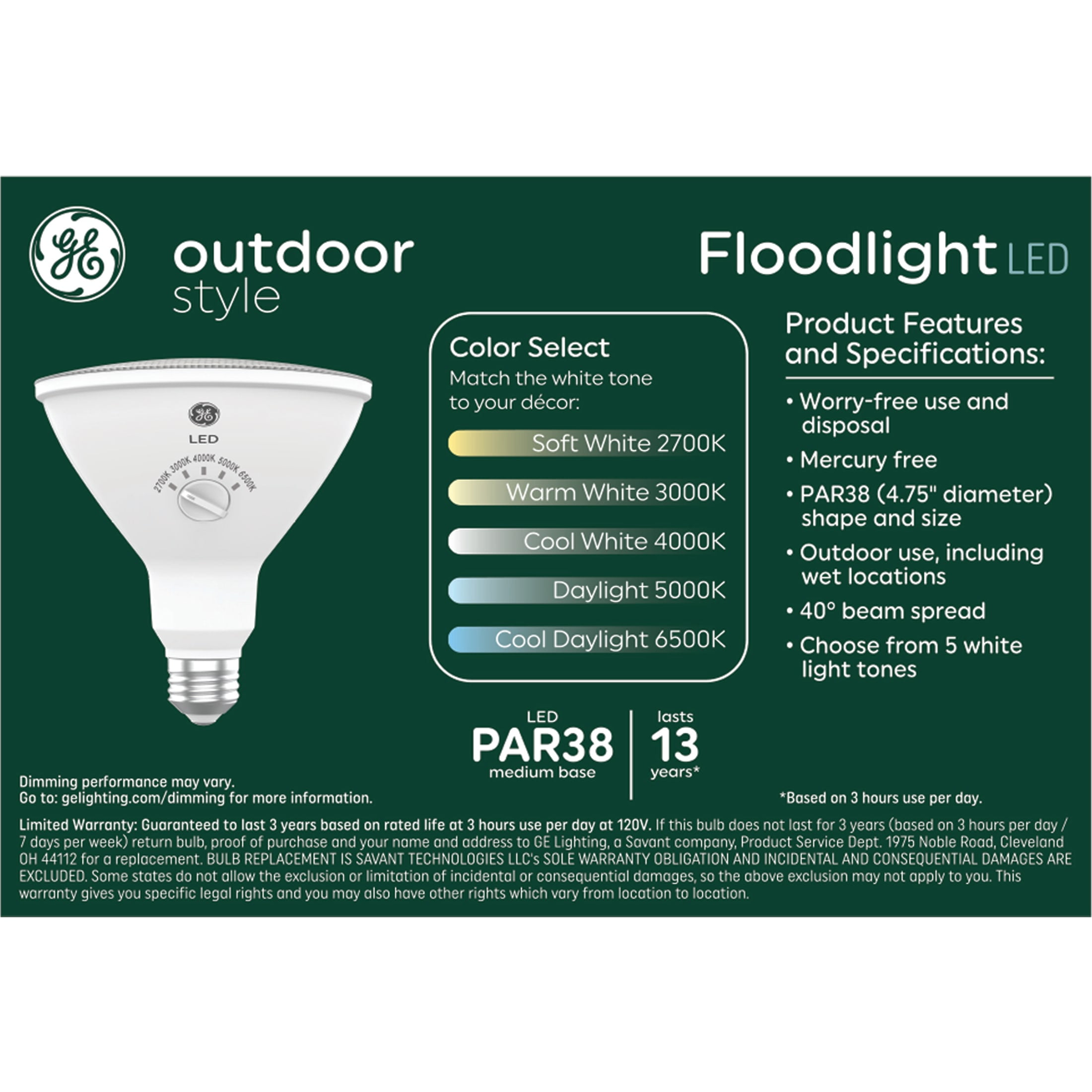 GE Outdoor Style Security PAR38 LED Floodlight, 150 Watt Replacement, 5 White Tones, 2pk