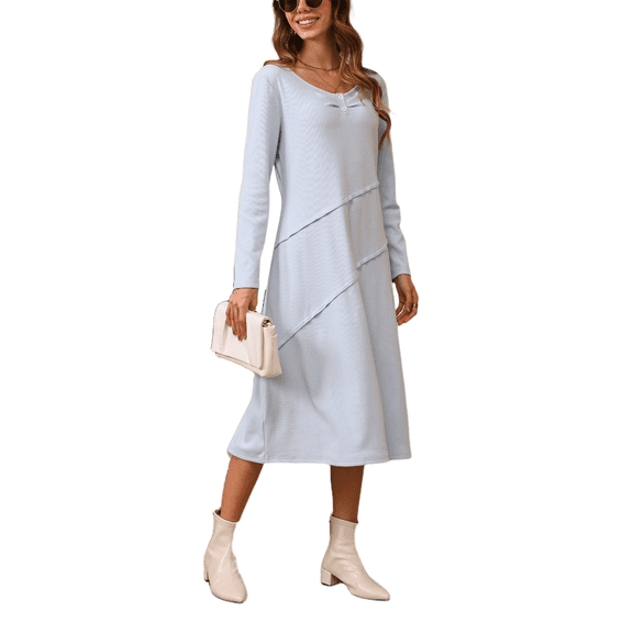 Gleelaud Women Long Sleeve Button V Neck Ribbed Knit Elegant Loose Fit Fall Midi Dress Trendy Dresses Blue