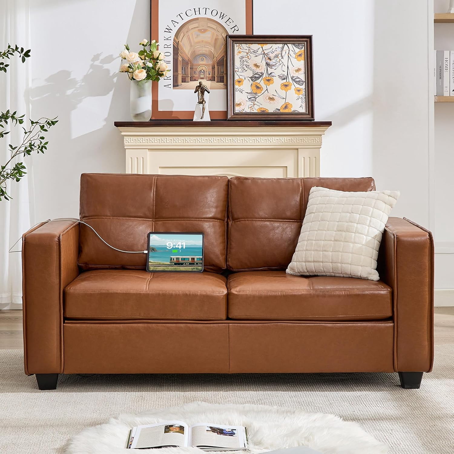 AODAILIHB 65" W Faux Leather Loveseat Sofa, Modern Tufted Comfy Office Small Couch w/USB Charging Ports and Wide Arms, Brown