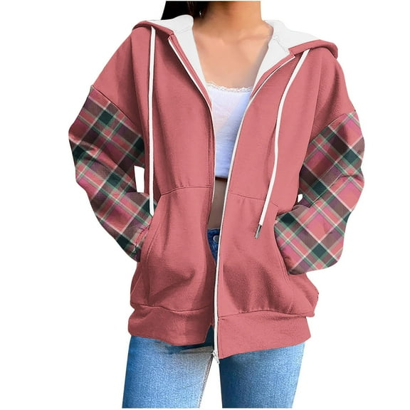 SwiftWear Plaid Zip Up Hoodie Women - Long Sleeve Loose Fit Pullover Hooded Sweatshirt with Flannel Pockets, Casual Comfort Jacket Tops Pink