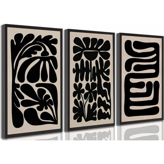 3 Pcs Boho Abstract Floral Canvas Wall Art Mid Century Modern Minimalist Black Neutral Flower Botanical Picture Wall Decor Poster Print Artwork for Living Room Bedroom Home Decoration