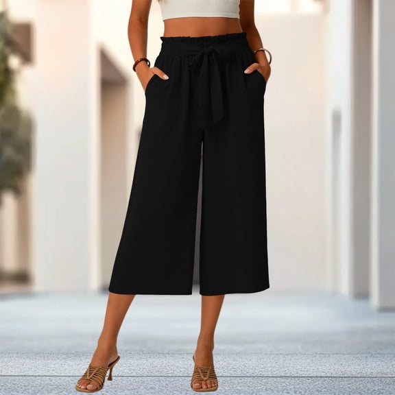 Cagogo High Waisted Wide Leg Capri Pants for Women Summer Casual Loose Flowy Palazzo Trousers Beach Vacation Lounge Solid Pants Fashion Clothes, Black M