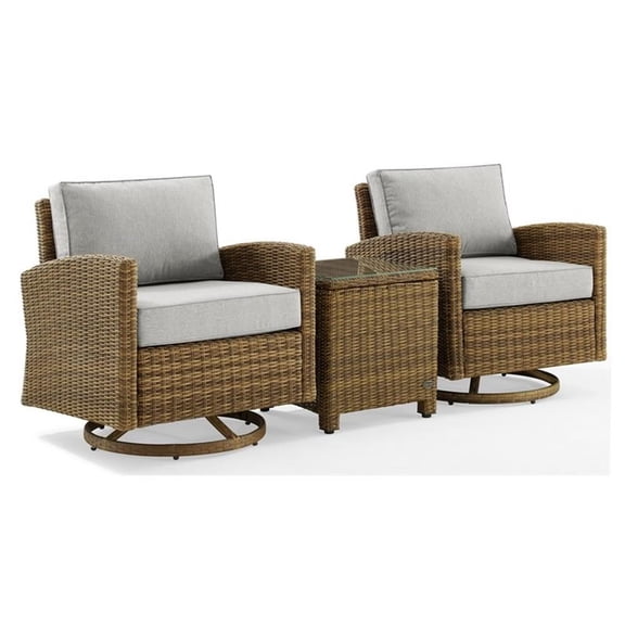 Crosley Furniture Bradenton 3-Piece Wicker Swivel Rocker Outdoor Chair and Side Table Set for Patio, Porch