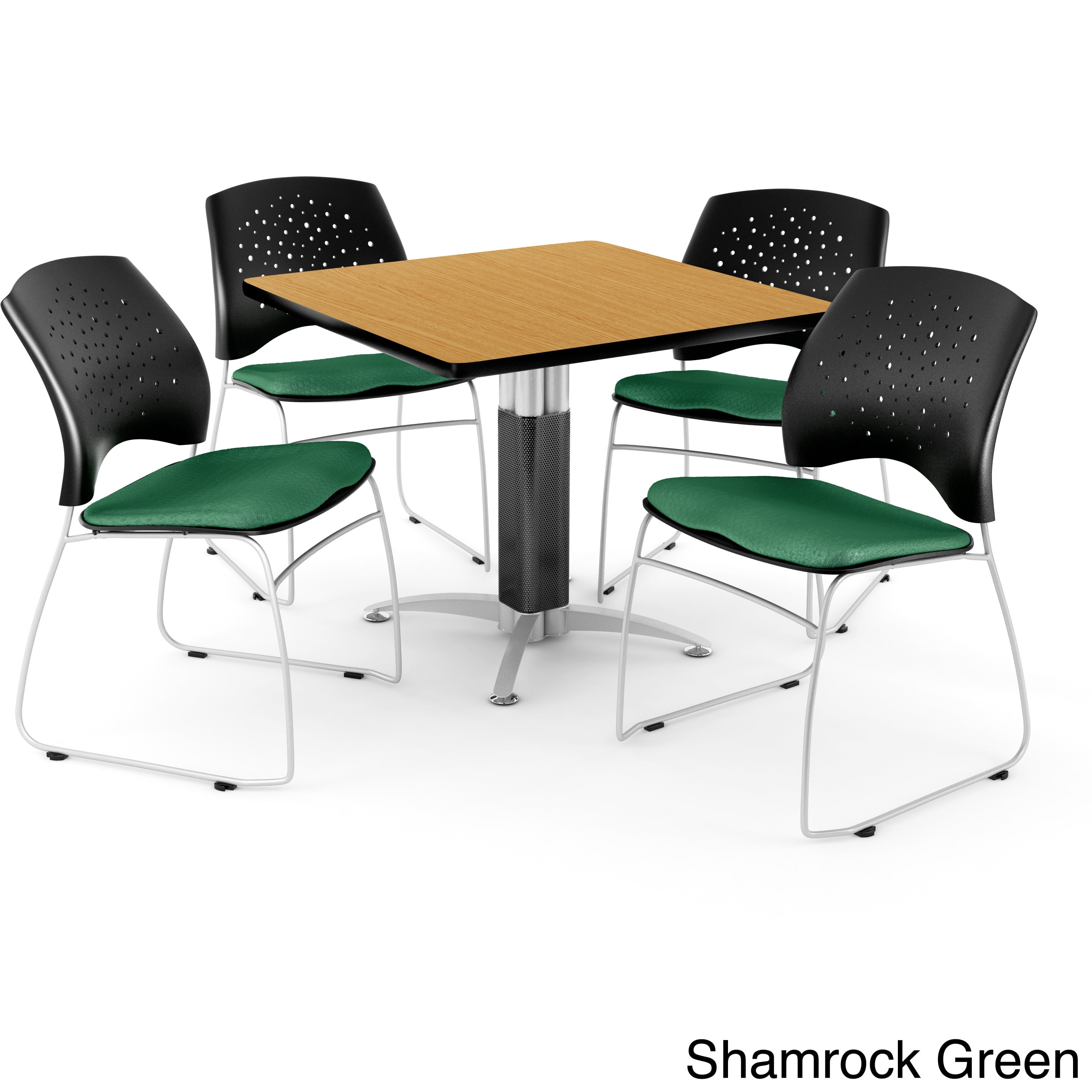 Core Collection Breakroom Bundle, 42" Square Metal Mesh Base Multi-purpose Table in Oak, 4 Stars Stacking Chairs in Lavender (PKG-BRK-018-0050)