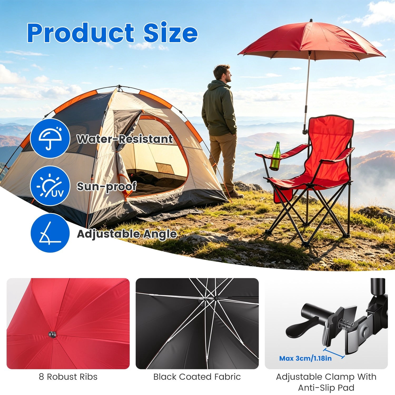 Folding Camping Chair with Detachable 8-Rib Sun Umbrella, 42.13 Inch Canopy Aluminum Alloy Portable Lawn Chair Supports 330LBS with Cup Holder