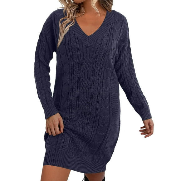 Fgnfyis Women V Neck Long Sleeve Cable Knit Sweater Dress Loose Oversized Sweater Dresses Pullover for Women Blue L