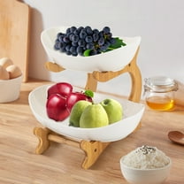 2 Tier Ceramic Fruit Bowl for Kitchen Counter, Fruit Basket with Stand, Vegetable Storage Bowl, Snack Dessert Cake Tray Plate Rack
