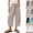 08# Beige, variant on Women's Capri Pants Linen Summer Beach Casual Drawstring Wide Leg Lounge Palazzo Pant High Waist Trouser with Pockets Black S