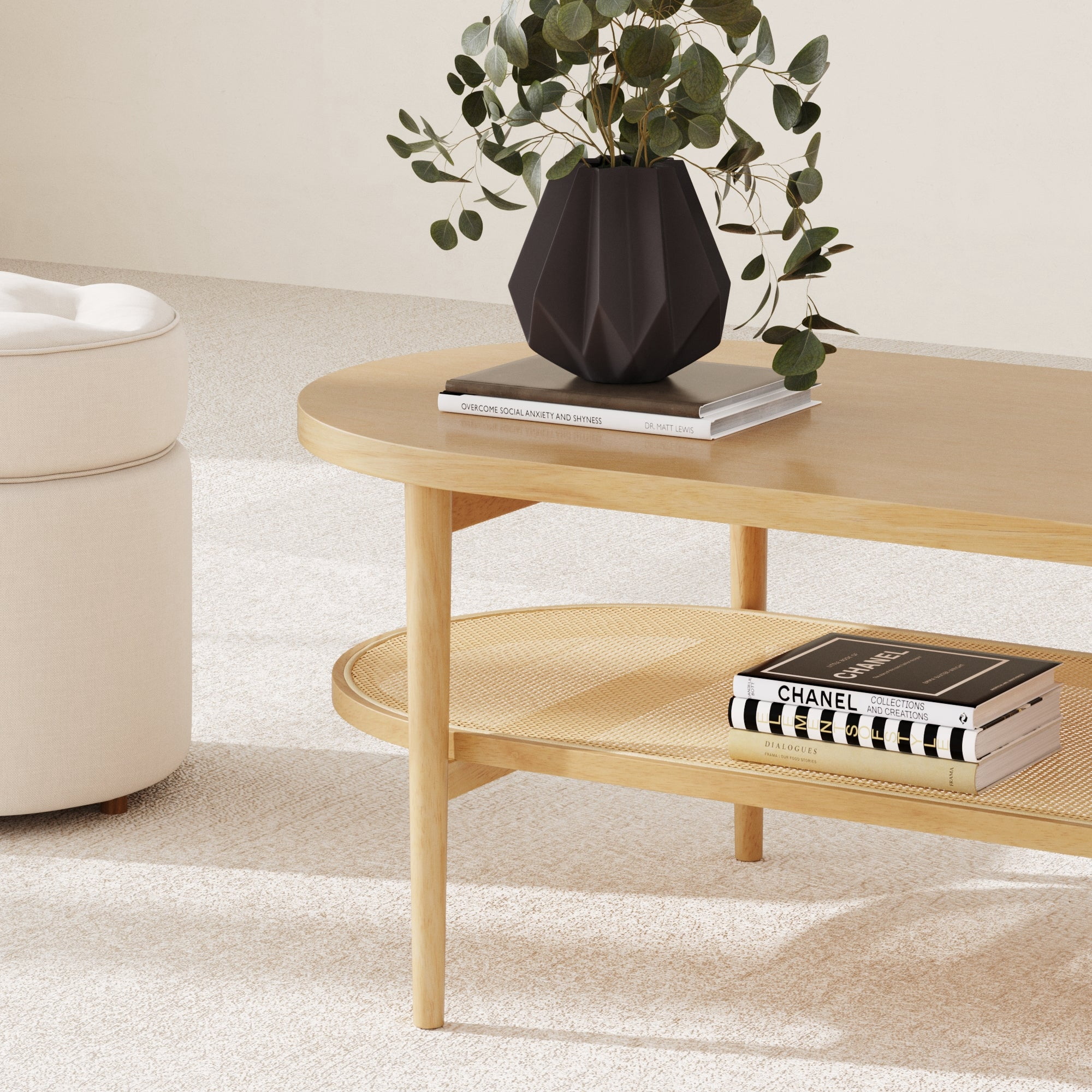 Nathan James Sonia Bohemian 2-Tier Oval Cane Coffee Table in Light Wood With Rattan Storage Shelf