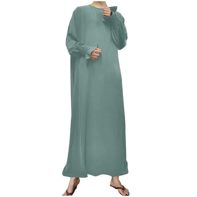 cfhntfmh Robes Décontractées pour Femmes Automne Amples Col Rond Manches Longues Bouffantes Longue Robe Maxi Fluide Couleur Unie Robe T-Shirts